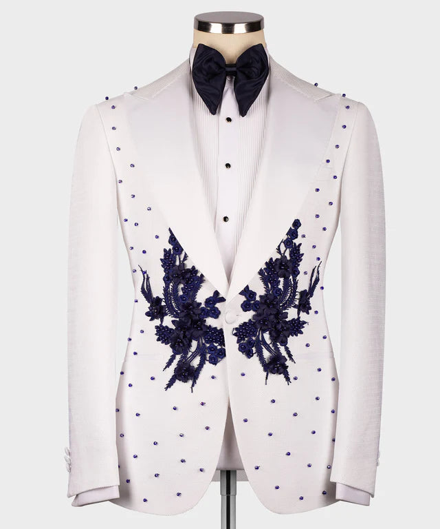 Flower Patterned White - Navy Blue Tuxedo