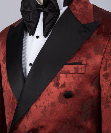 Black Satin Collar Dark Red Patterned Tuxedo