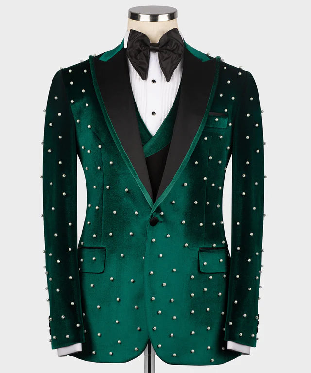 Pearl Embroidered Green Velvet Tuxedo