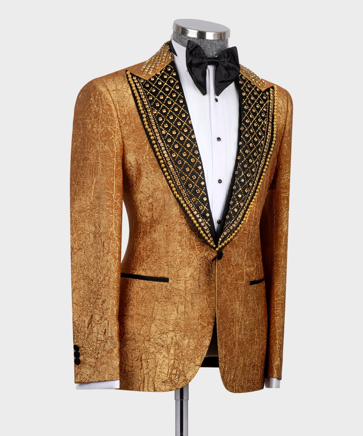 Dio Baby Lonian Men's Silk & Wool Cracked Gold Pattern Custom Tuxedo One Button Vest Suit