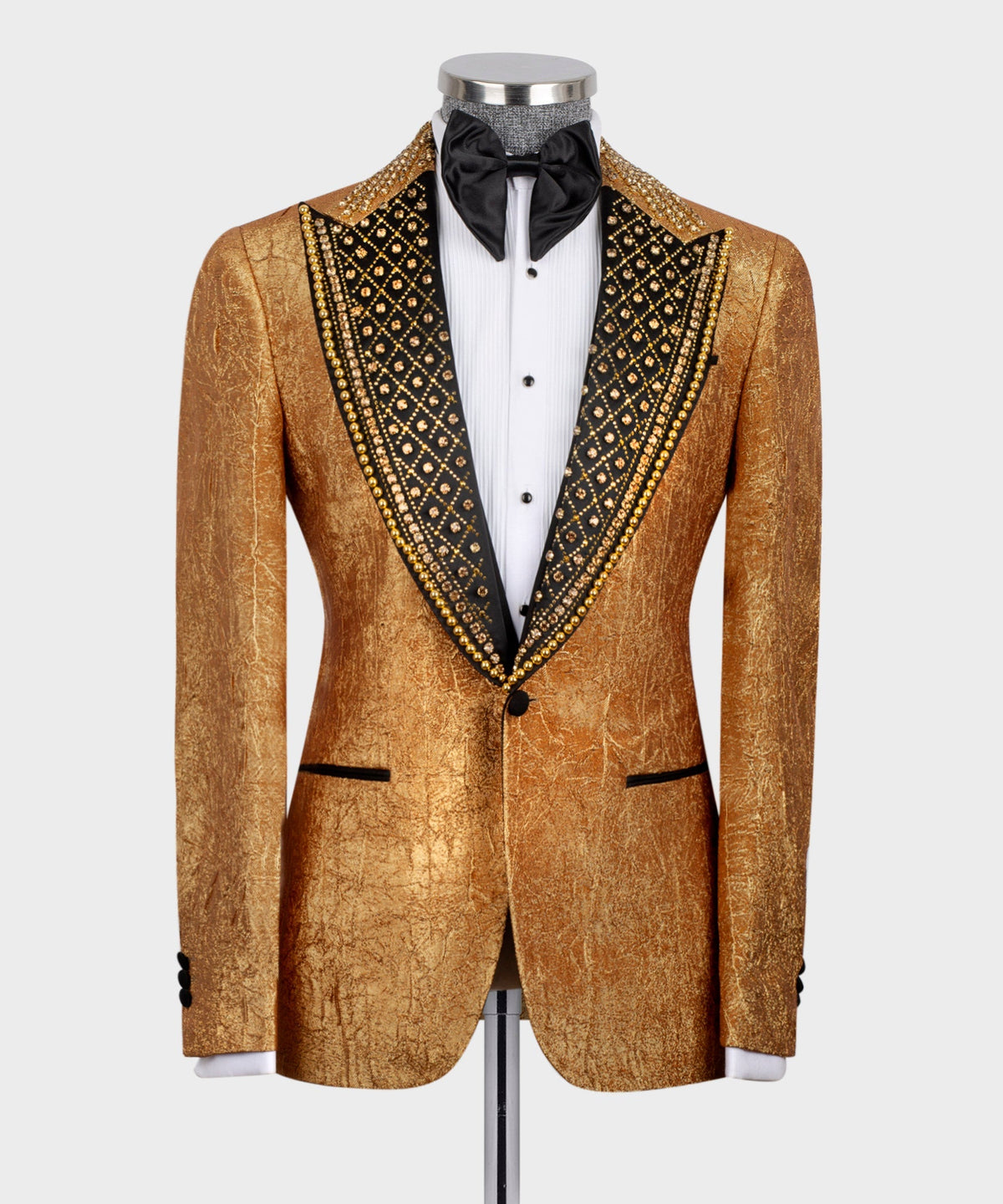 Dio Baby Lonian Men's Silk & Wool Cracked Gold Pattern Custom Tuxedo One Button Vest Suit