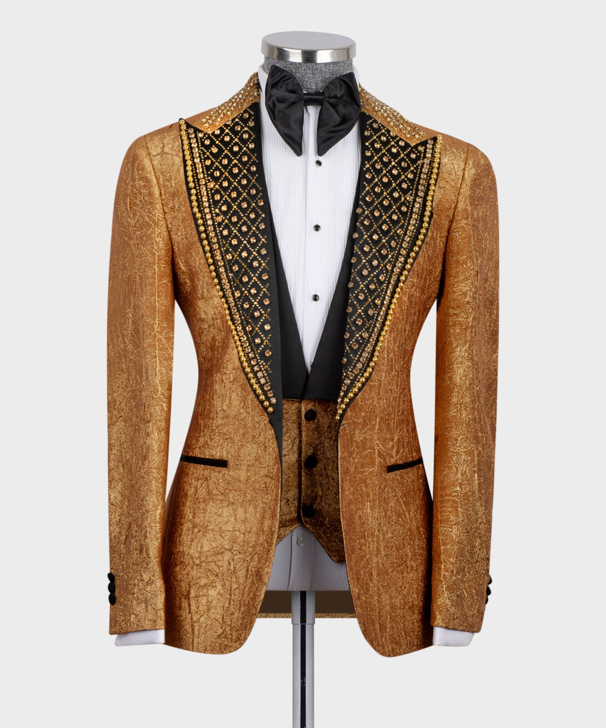 Dio Baby Lonian Men's Silk & Wool Cracked Gold Pattern Custom Tuxedo One Button Vest Suit