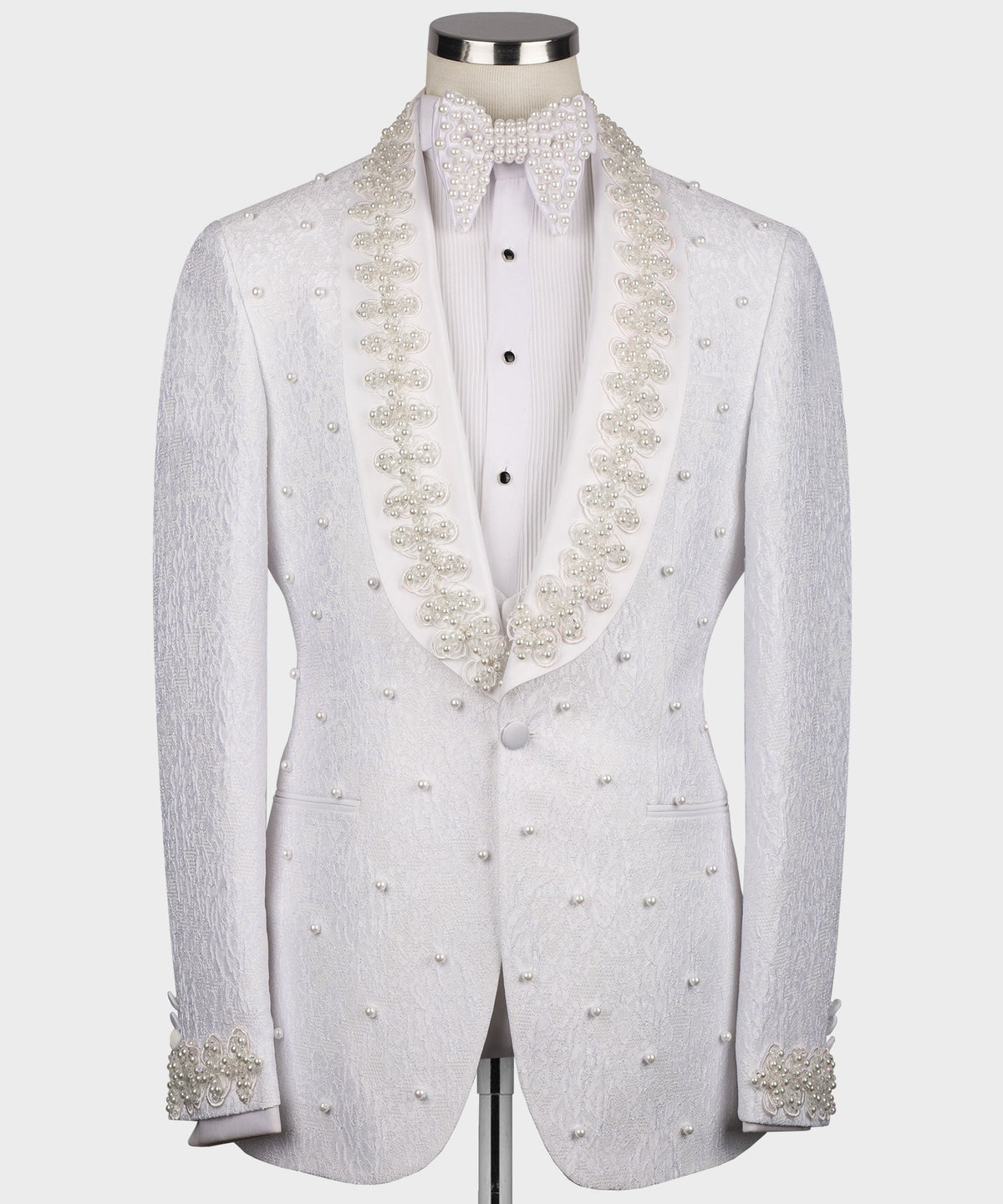 Dio Baby Lonian Men's Pearl Embroidered White Tuxedo Front One Button Vest Suit