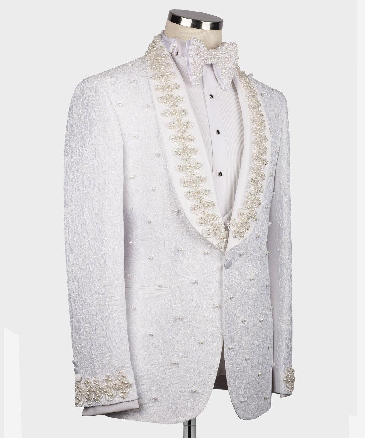 Dio Baby Lonian Men's Pearl Embroidered White Tuxedo Front One Button Vest Suit