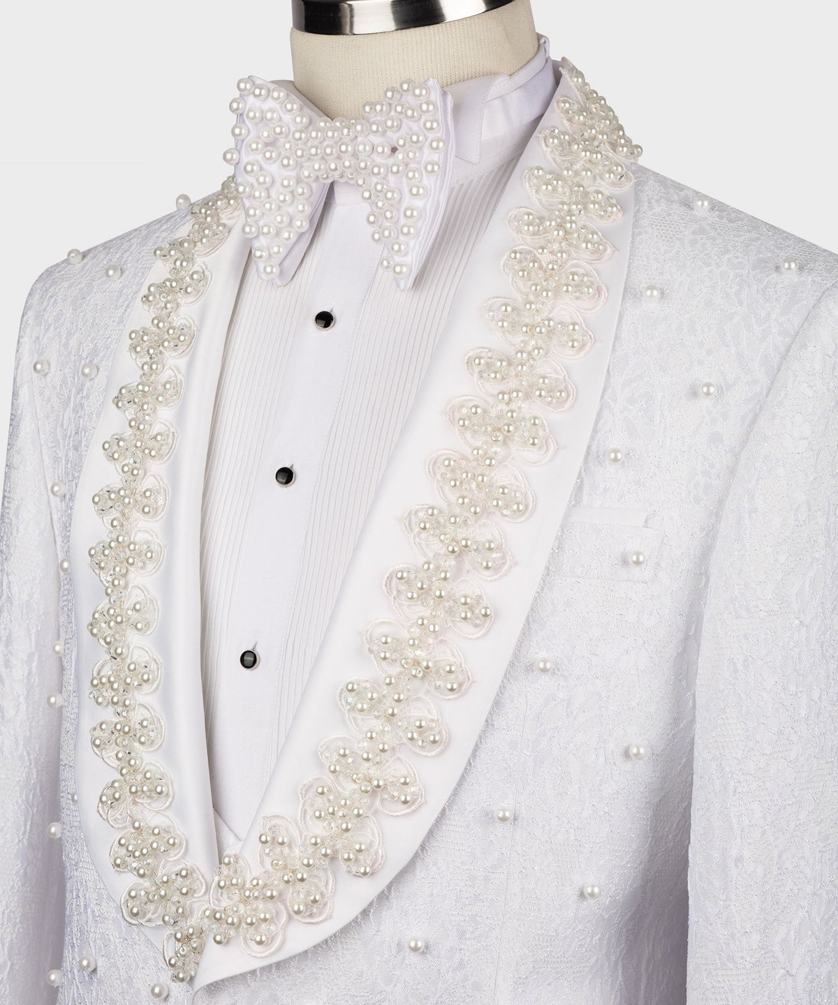 Dio Baby Lonian Men's Pearl Embroidered White Tuxedo Front One Button Vest Suit