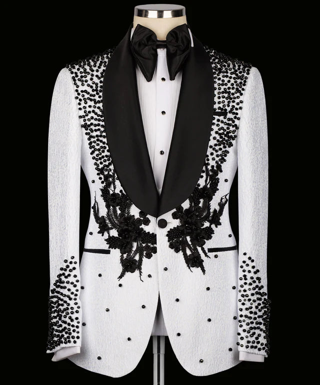 Flower Embroidered White Custom Tuxedo