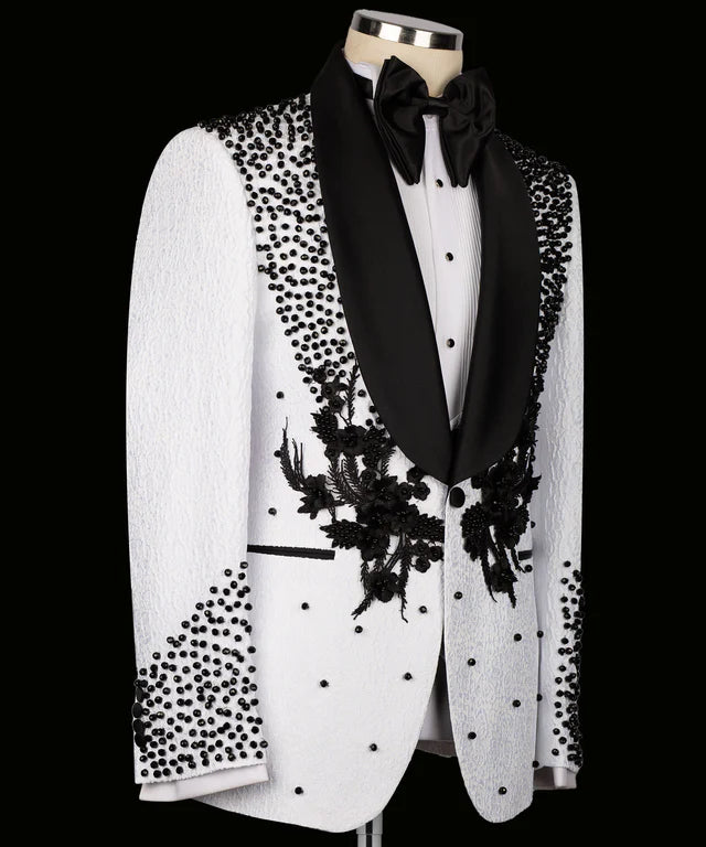 Flower Embroidered White Custom Tuxedo