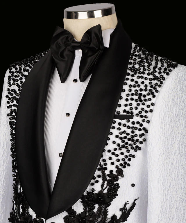 Flower Embroidered White Custom Tuxedo