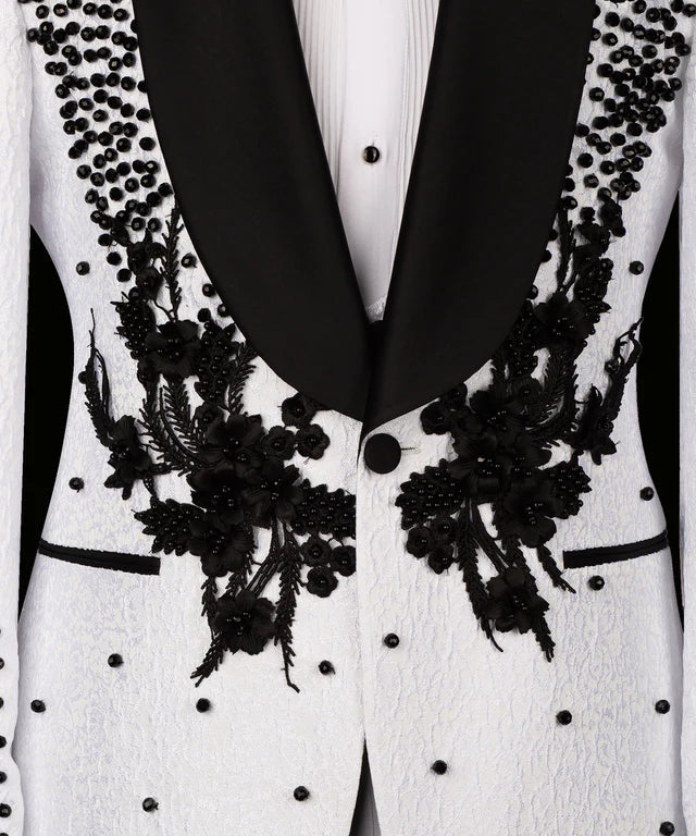 Flower Embroidered White Custom Tuxedo