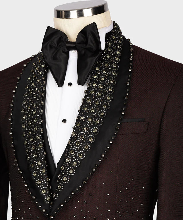 Satin Lalaped Round Patterned Custom Burgundy Tuxedo