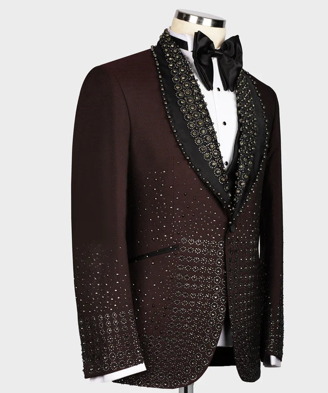 Satin Lalaped Round Patterned Custom Burgundy Tuxedo