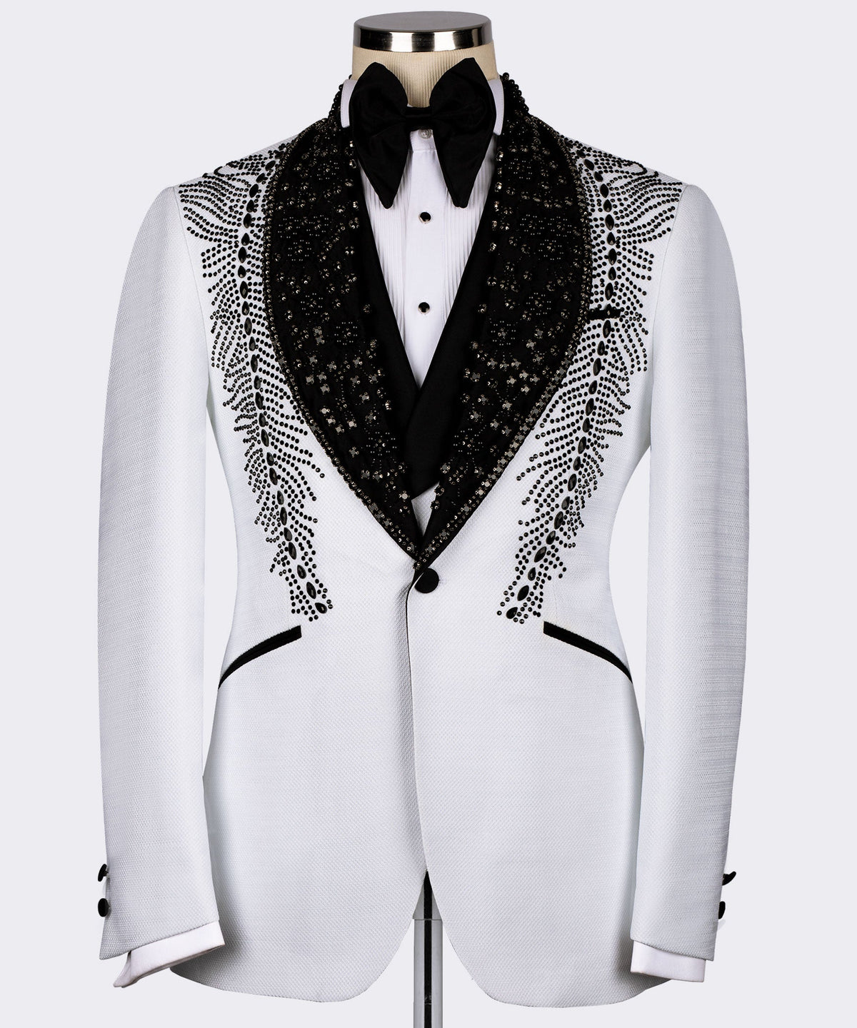 Dio Baby Lonian Men's White Feather Stencil Detailed Stone Embroidered Tuxedo Vest Suit