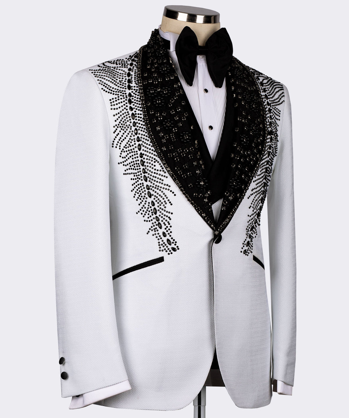 Dio Baby Lonian Men's White Feather Stencil Detailed Stone Embroidered Tuxedo Vest Suit