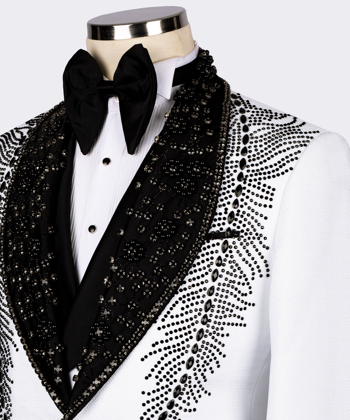 Dio Baby Lonian Men's White Feather Stencil Detailed Stone Embroidered Tuxedo Vest Suit