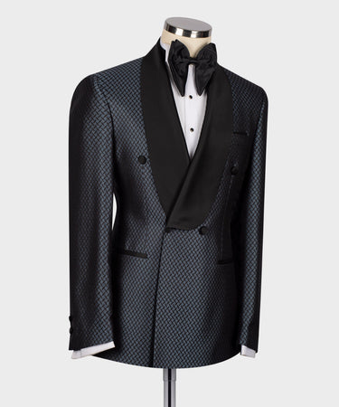 Black Satın Collar Blue Patterned Tuxedo