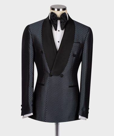 Black Satın Collar Blue Patterned Tuxedo