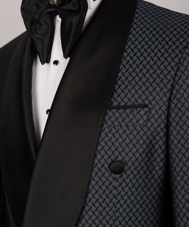 Black Satın Collar Blue Patterned Tuxedo