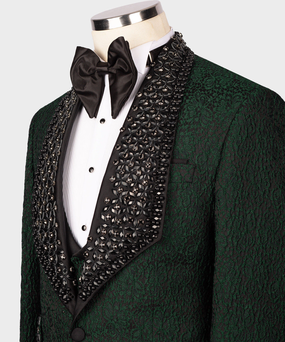 Dio Baby Lonian Men's Black Gem Stone Green Laleped Special Tuxe Vest Suit W/ Pant