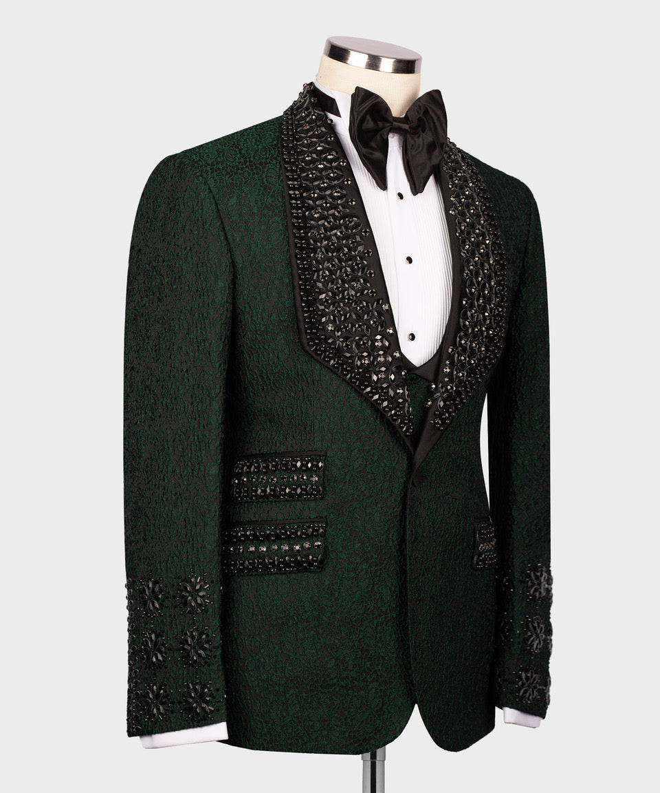 Dio Baby Lonian Men's Black Gem Stone Green Laleped Special Tuxe Vest Suit W/ Pant