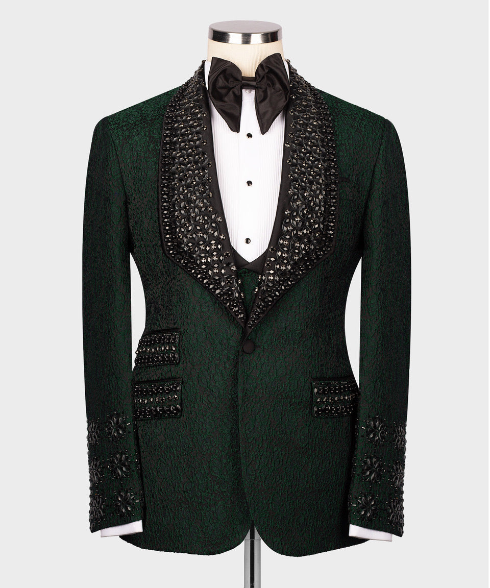 Dio Baby Lonian Men's Black Gem Stone Green Laleped Special Tuxe Vest Suit W/ Pant