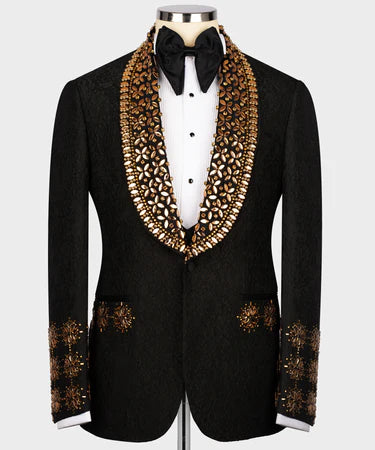 Dio Baby Lonian Men's Gold Gem Stone Detailed Black Special Tuxedo Vest Suit