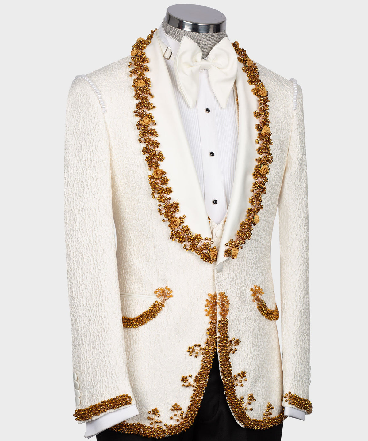 Dio Baby Lonian Men's Gold Crystal Jewelried Cream Special Tuxedo Custom Desing Vest Suit