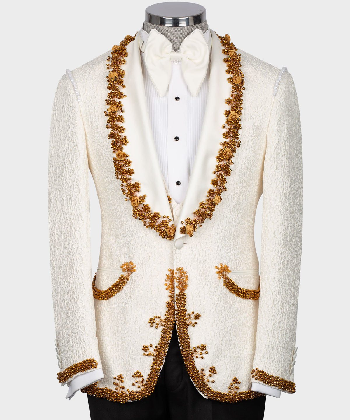 Dio Baby Lonian Men's Gold Crystal Jewelried Cream Special Tuxedo Custom Desing Vest Suit