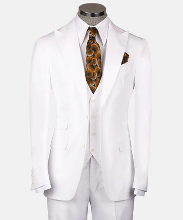 Dio Baby Lonian Men's White 100% Wool Pointed Collar Triple Classic Suit W/ Straight Leg Trousers