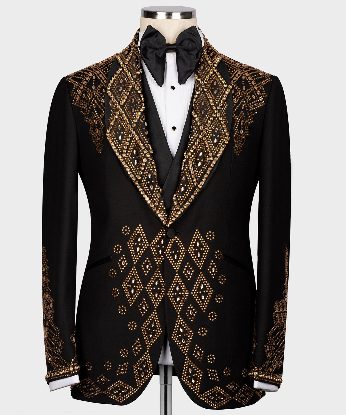 Dio Baby Lonian Men's Black-Gold Stone Embroidered Custom Desing Tuxedo Vest Suit