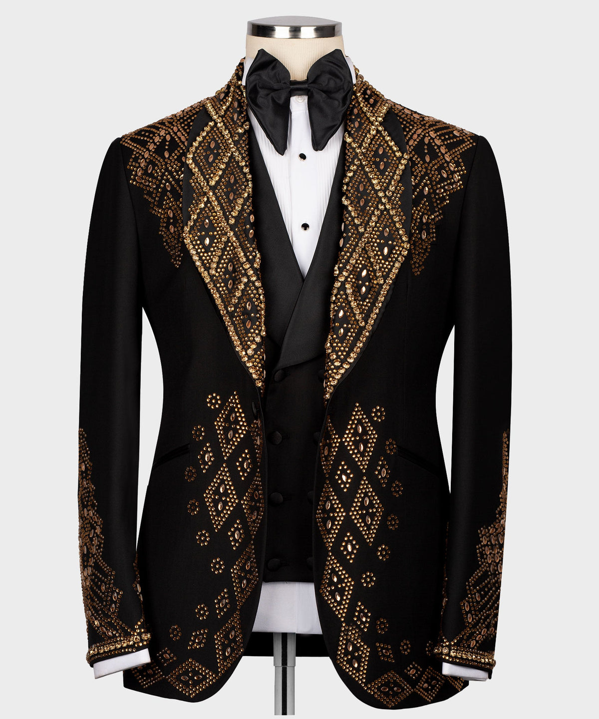 Dio Baby Lonian Men's Black-Gold Stone Embroidered Custom Desing Tuxedo Vest Suit