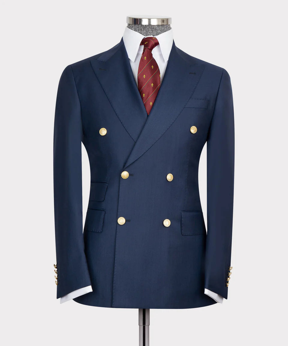 Dark Blue Double Breasted Gold Button Men’S Suit