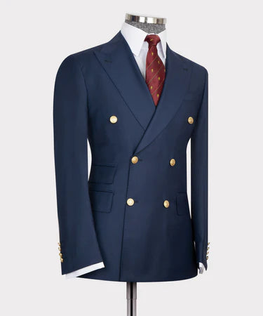 Dark Blue Double Breasted Gold Button Men’S Suit