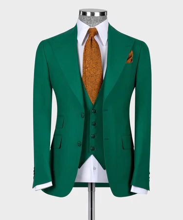 Dio Baby Lonian Men's Green 100% Wool Triple Classic Vest Suit W/ Straight Leg Trousers