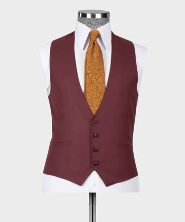 Dio Baby Lonian Men's Burgundy 100% Wool Dot Stitching Classic Vest Suit W/ Straight Leg Trousers