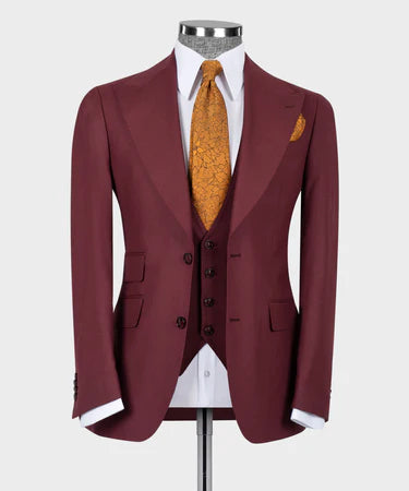 Dio Baby Lonian Men's Burgundy 100% Wool Dot Stitching Classic Vest Suit W/ Straight Leg Trousers